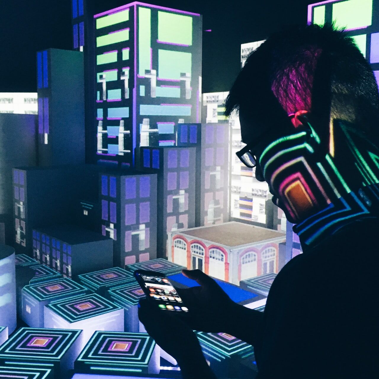 singapore, phone user, city, neon, lights, mobile, smartphone, phone