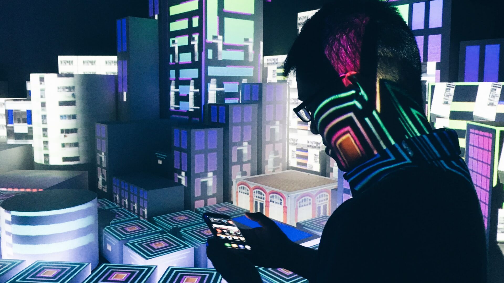 singapore, phone user, city, neon, lights, mobile, smartphone, phone