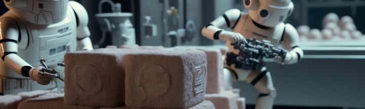a robot holding a gun next to a pile of rolls of toilet paper