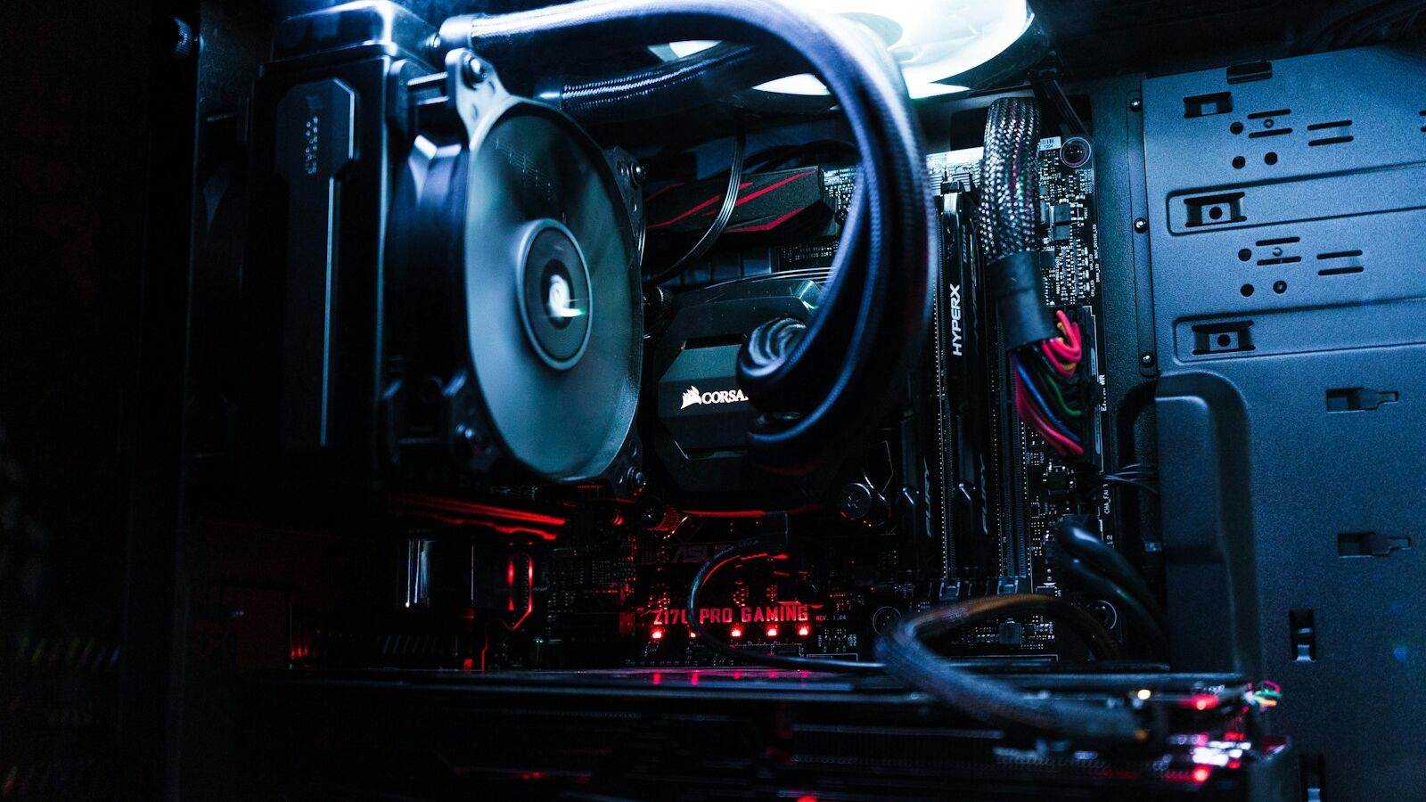 turned-on black and red computer tower