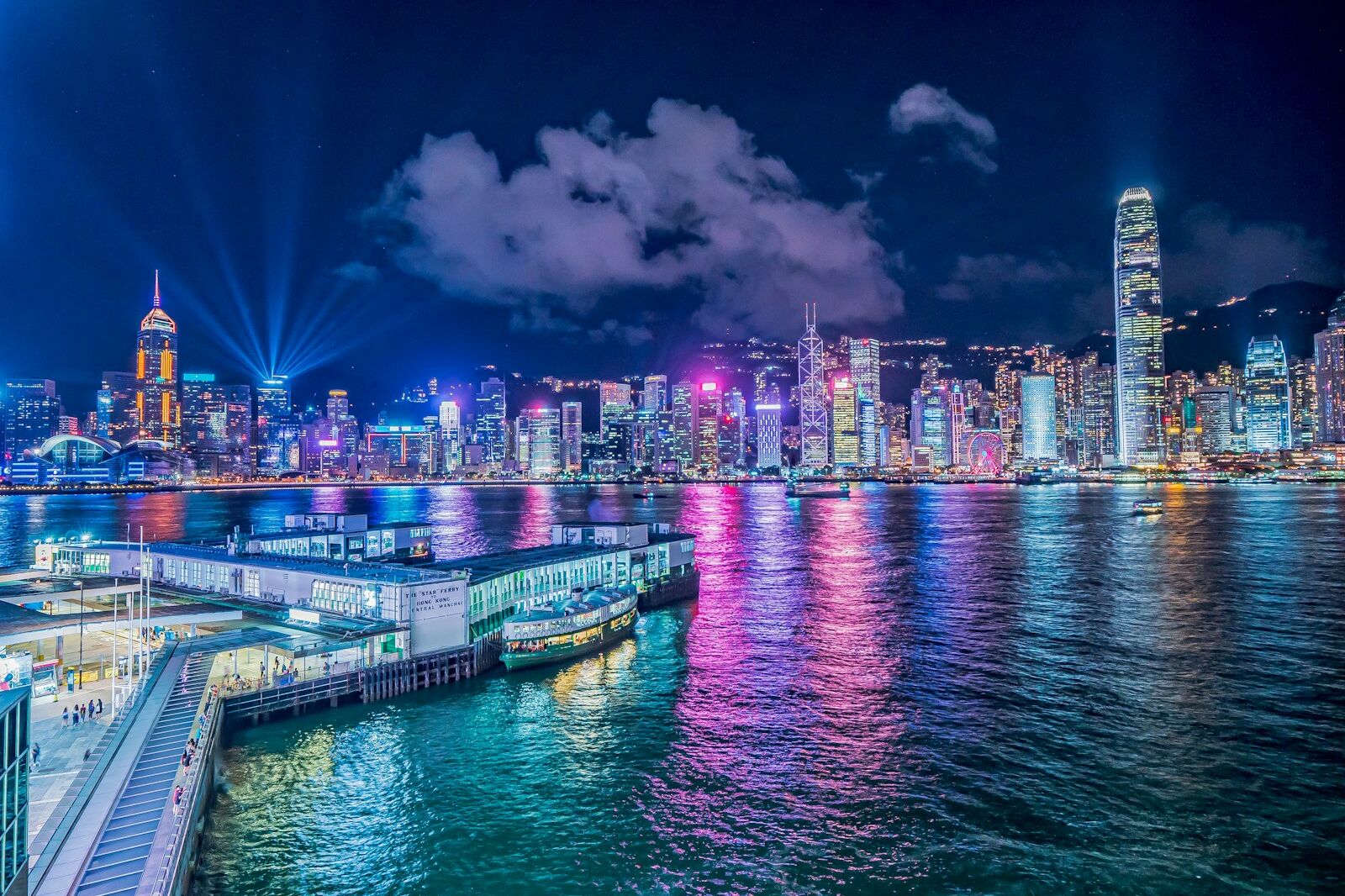 city skyline during night time