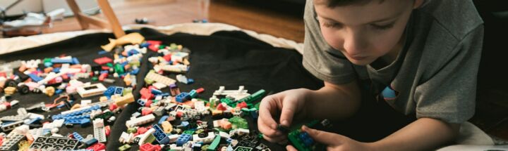 boy in grey crew-neck t-shirt plays LEGO bricks with white manual book