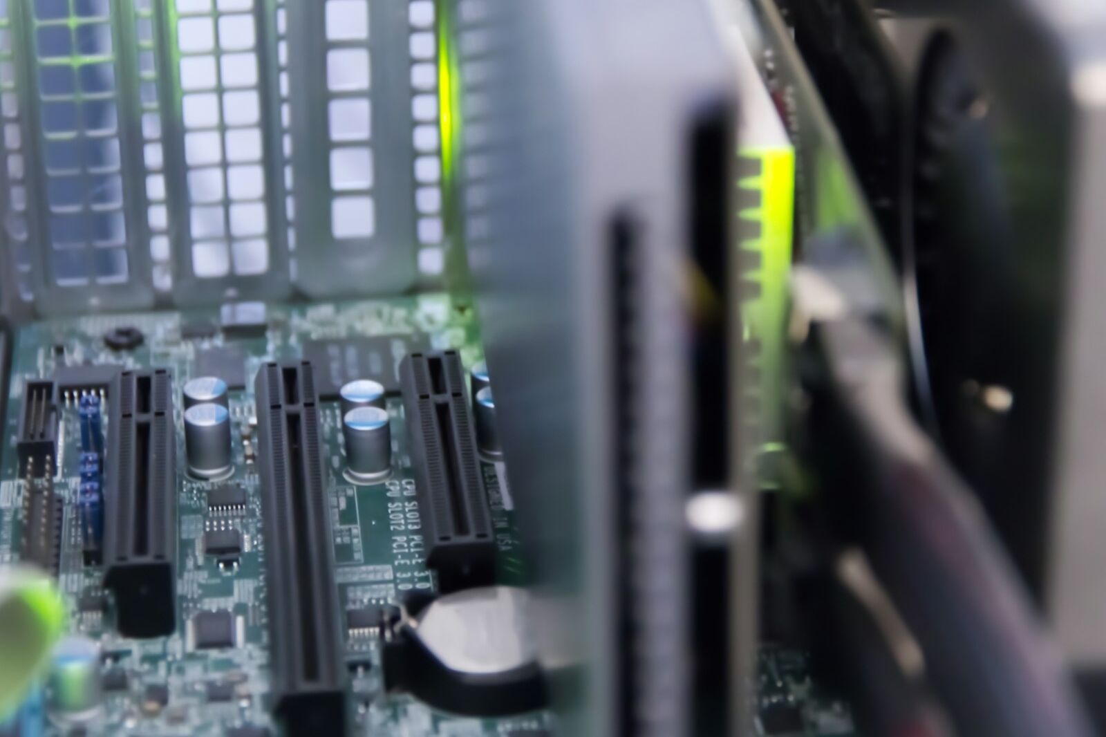 a close up of a computer motherboard with many components