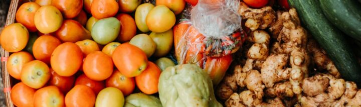 red and orange tomatoes near chayote and cucumbers