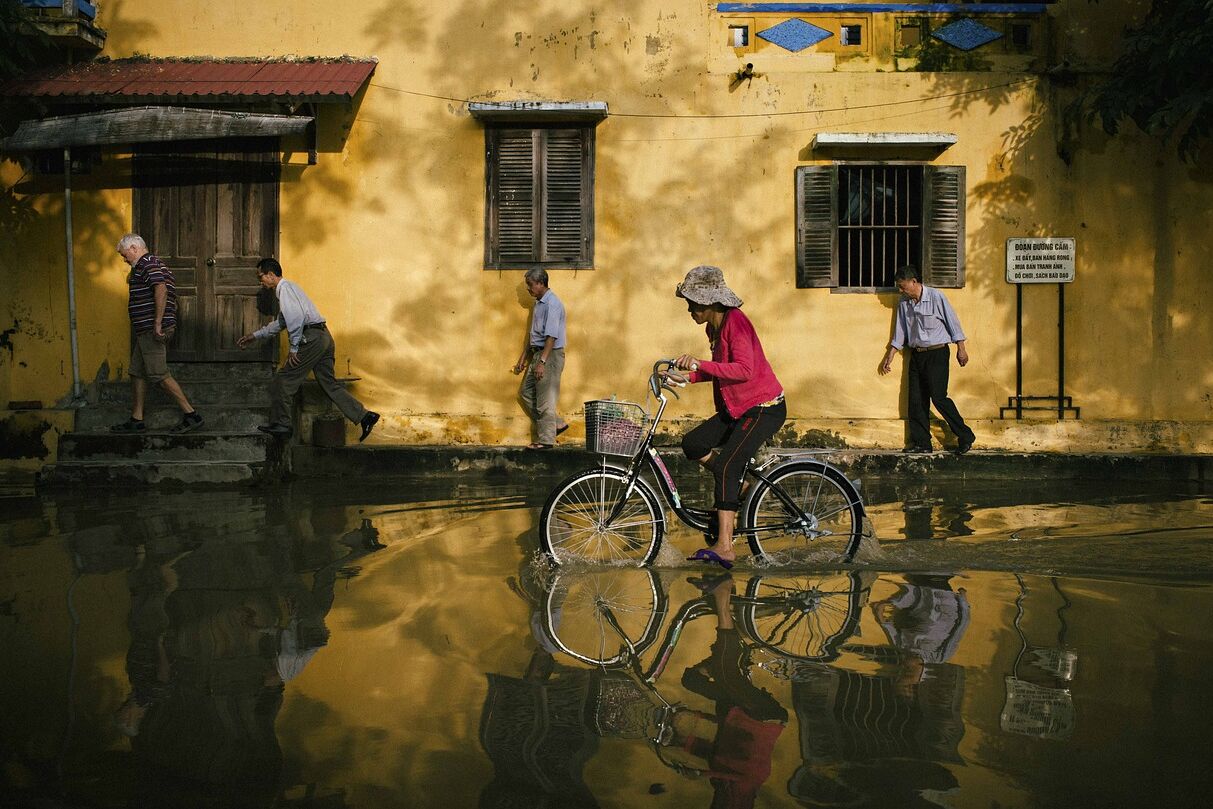 biking, street, flood, city, bike, bicycle, bicycle ride, riding bike, flooding, water, water reflection, road, hoi an, vietnam, flooded street, flood, flood, flood, flood, nature, flood, flooding, vietnam