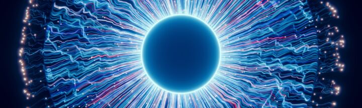 A close up of a blue eyeball in the dark