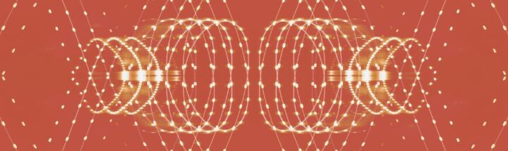 a red background with circles and dots