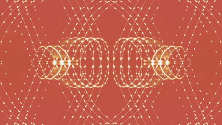 a red background with circles and dots