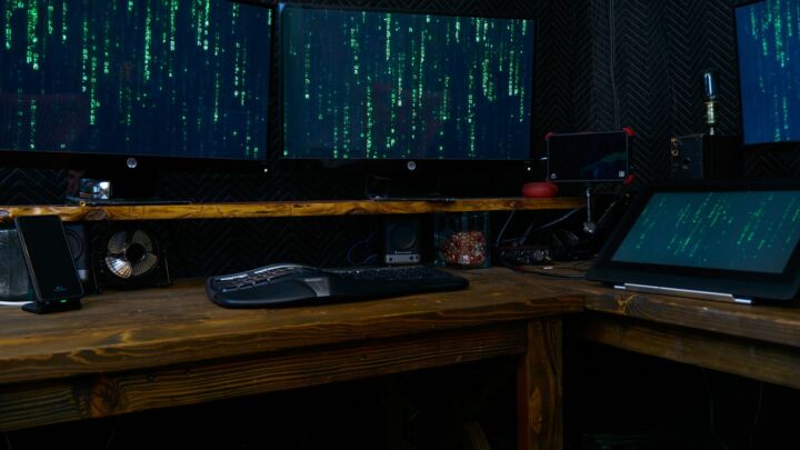 black computer keyboard on brown wooden desk