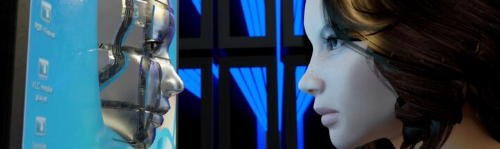 a female mannequin is looking at a computer screen