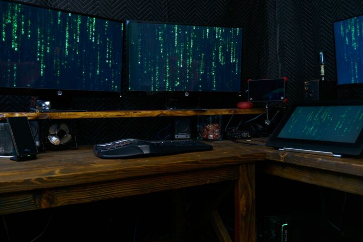 black computer keyboard on brown wooden desk