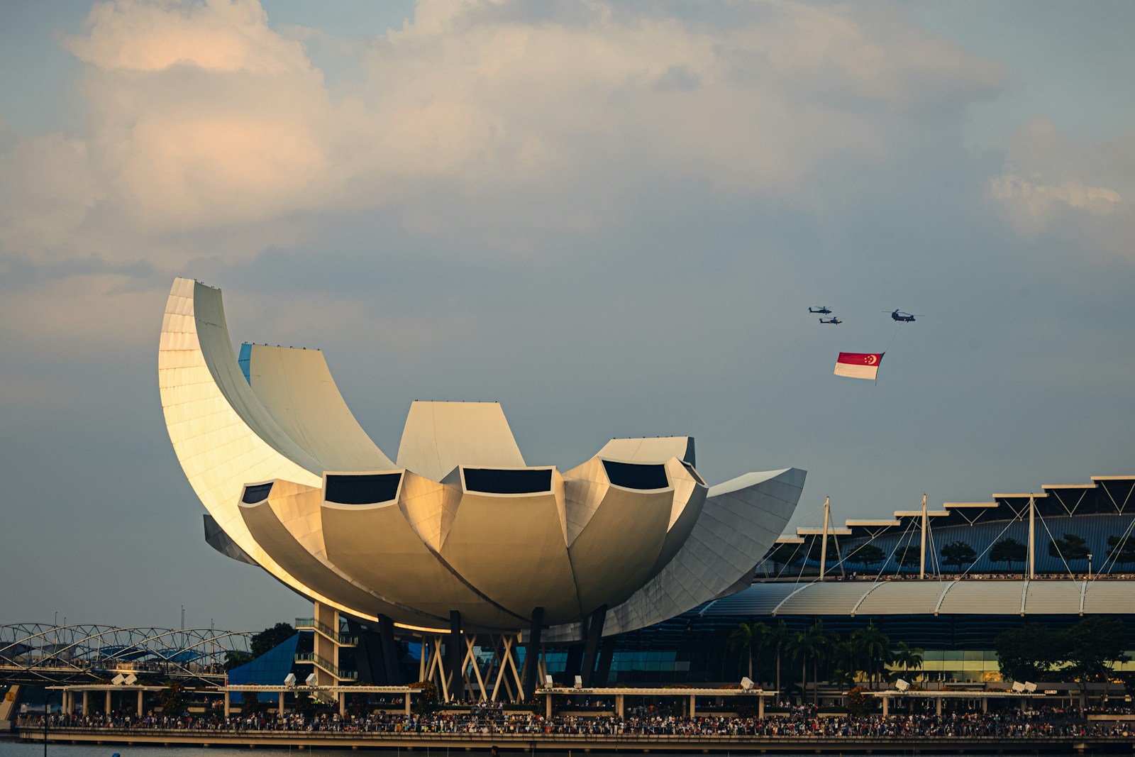 Modern building with curved white petals against sky
