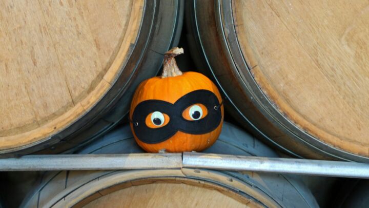 A small pumpkin wearing a black mask with eyes.