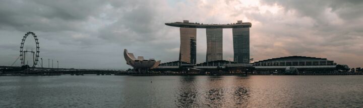 a large body of water with a ferris wheel in the background
