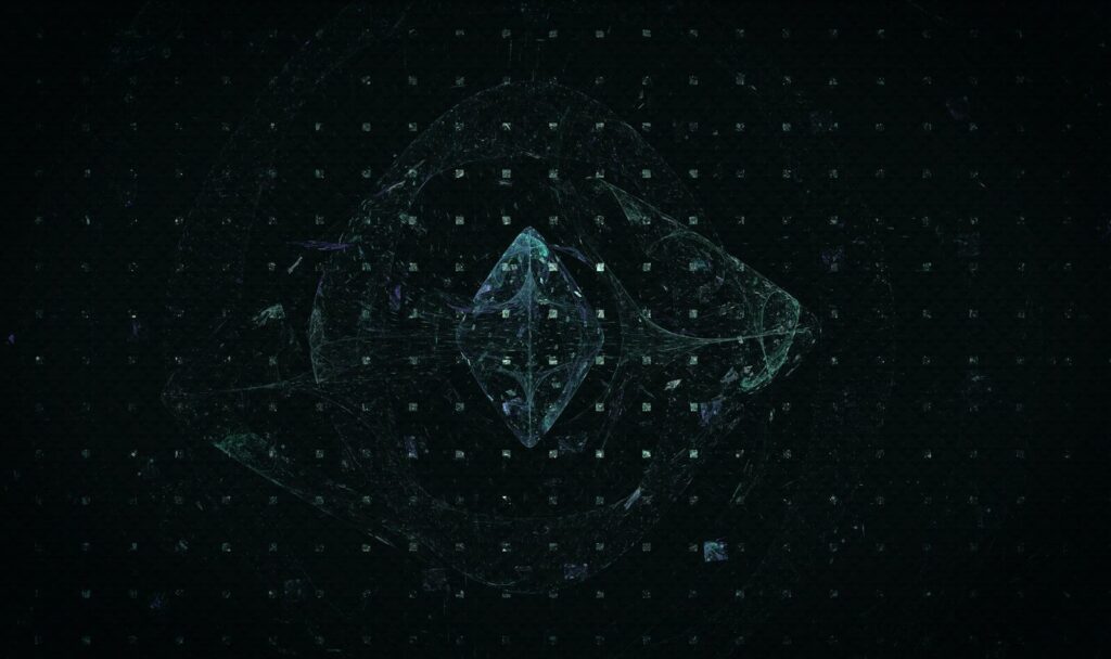 a black background with a blue and green design