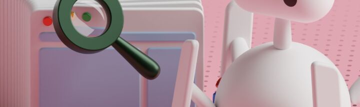 a white robot holding a magnifying glass