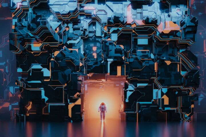 a person standing in front of a large building with many letters on it