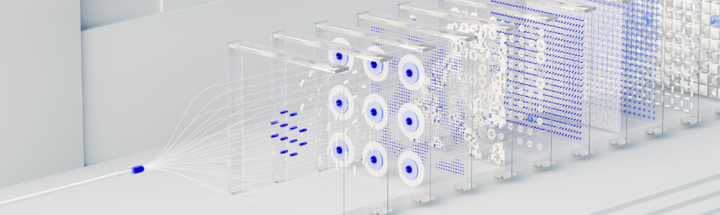 Visual abstraction of neural networks in AI technology, featuring data flow and algorithms.
