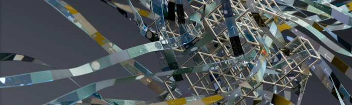 Intricate wireframe with dynamic ribbons in an abstract 3D composition.