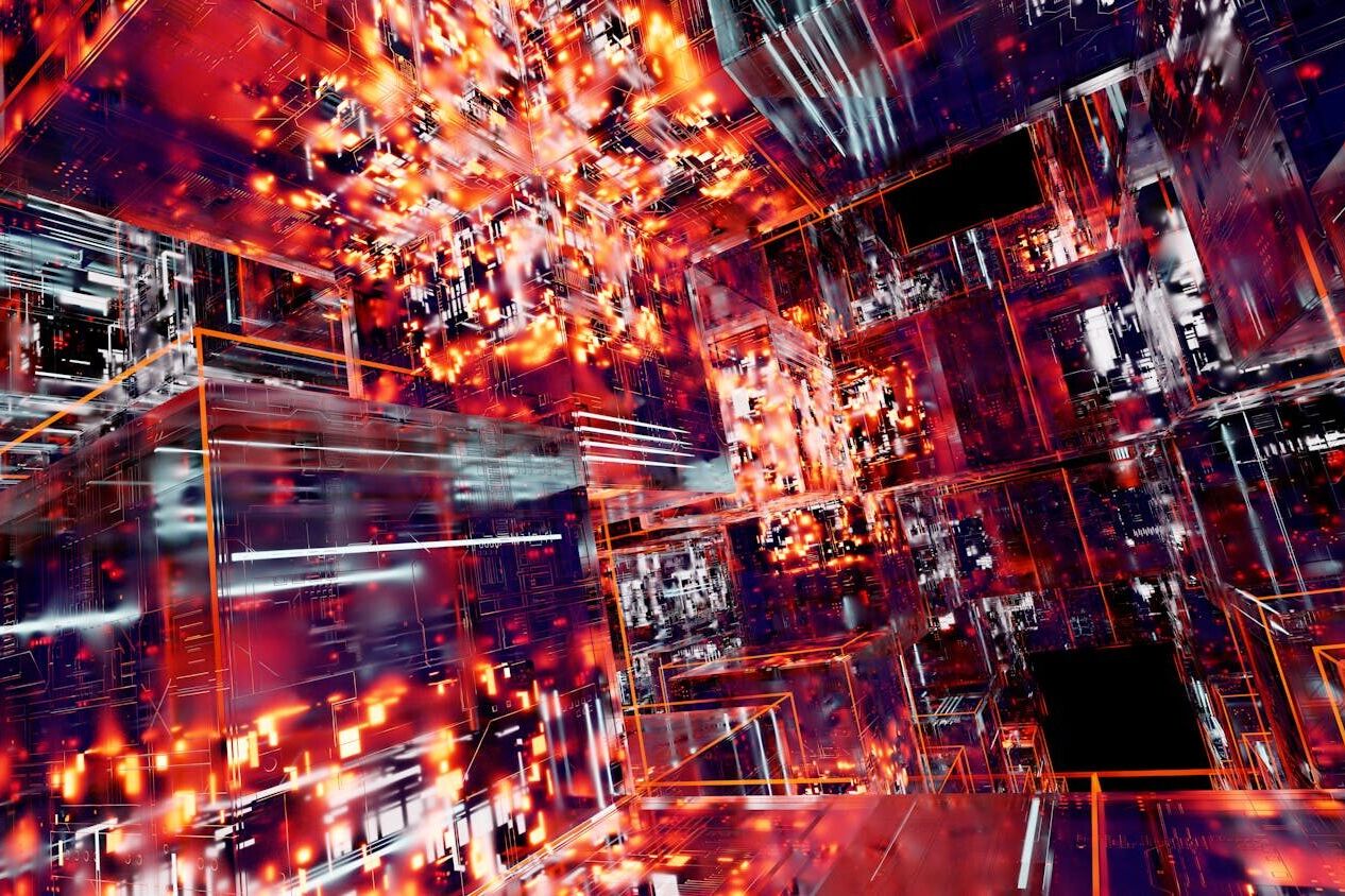 Abstract digital artwork featuring futuristic cubes with glowing neon lights and intricate patterns.