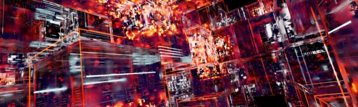 Abstract digital artwork featuring futuristic cubes with glowing neon lights and intricate patterns.