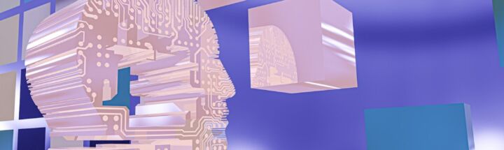 a person's head with a circuit board in the background