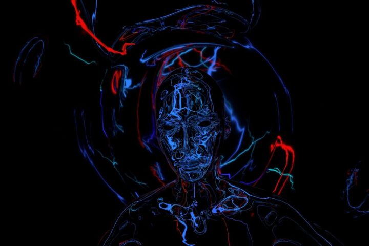 Abstract digital rendering of a human head with glowing lines