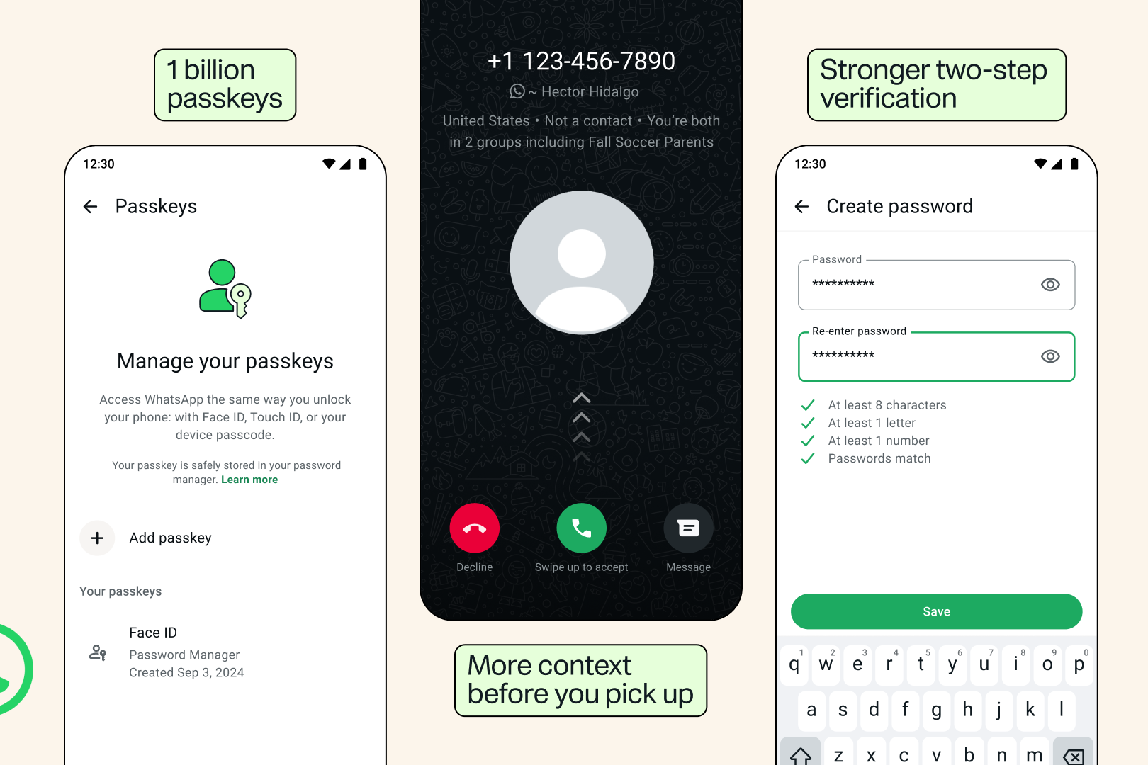 WhatsApp account security features including passkeys and two-step verification