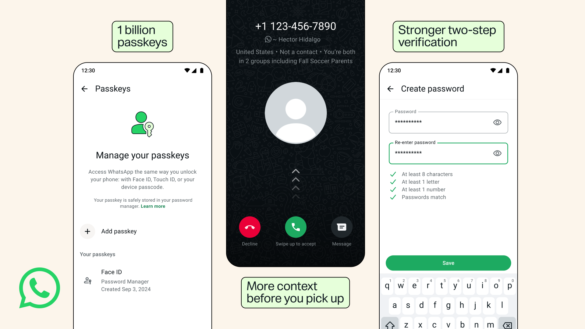 WhatsApp account security features including passkeys and two-step verification