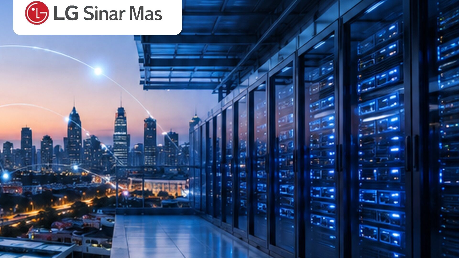 LG Sinar Mas logo with city connectivity and data center infrastructure