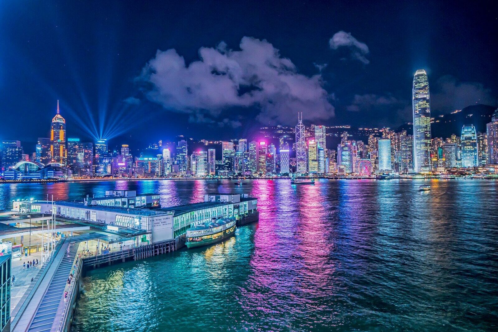city skyline during night time