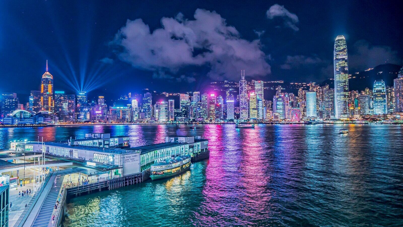 city skyline during night time