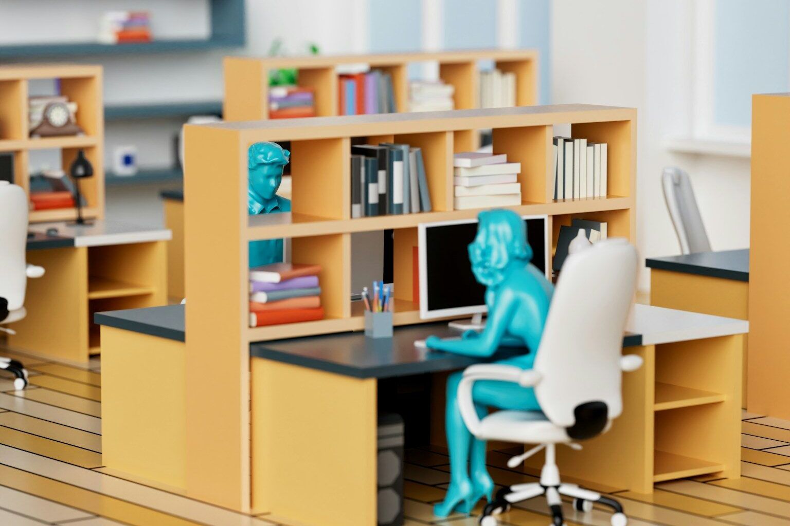 a desk with a chair and bookshelf in a room