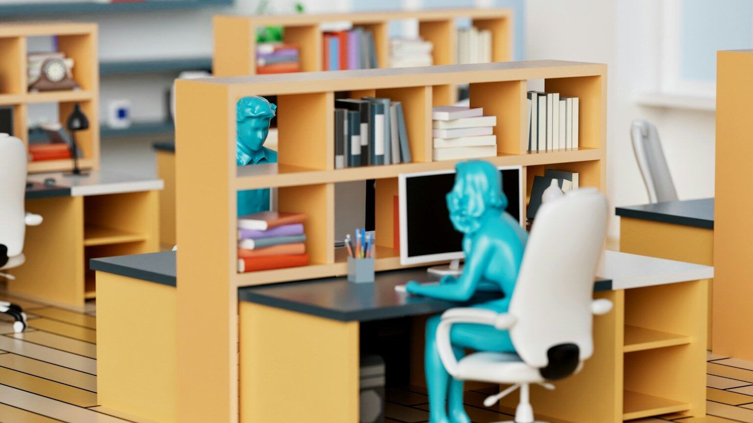 a desk with a chair and bookshelf in a room