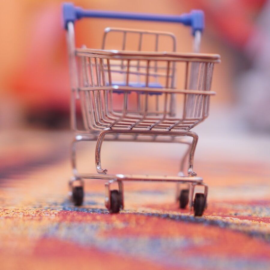a miniature shopping cart sitting on top of a rug