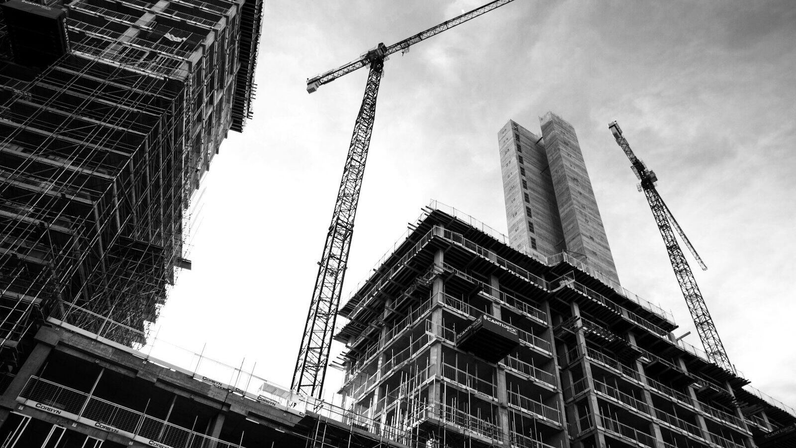 grayscale photo of crane in front of building