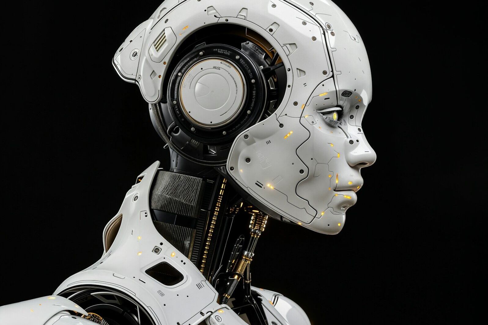 A white robot is standing in front of a black background