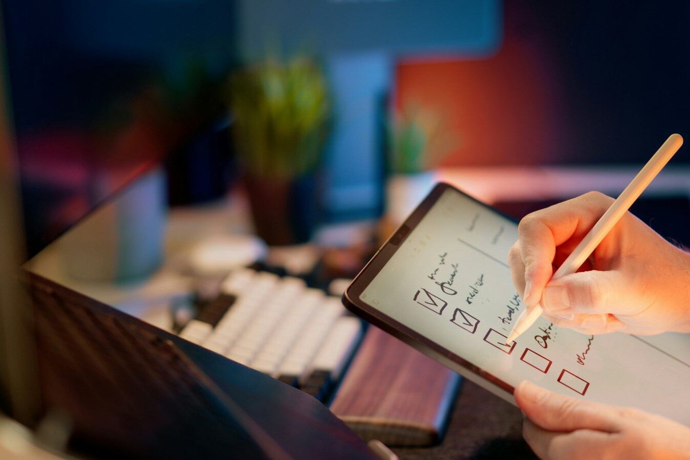 Someone is writing on a tablet with a stylus