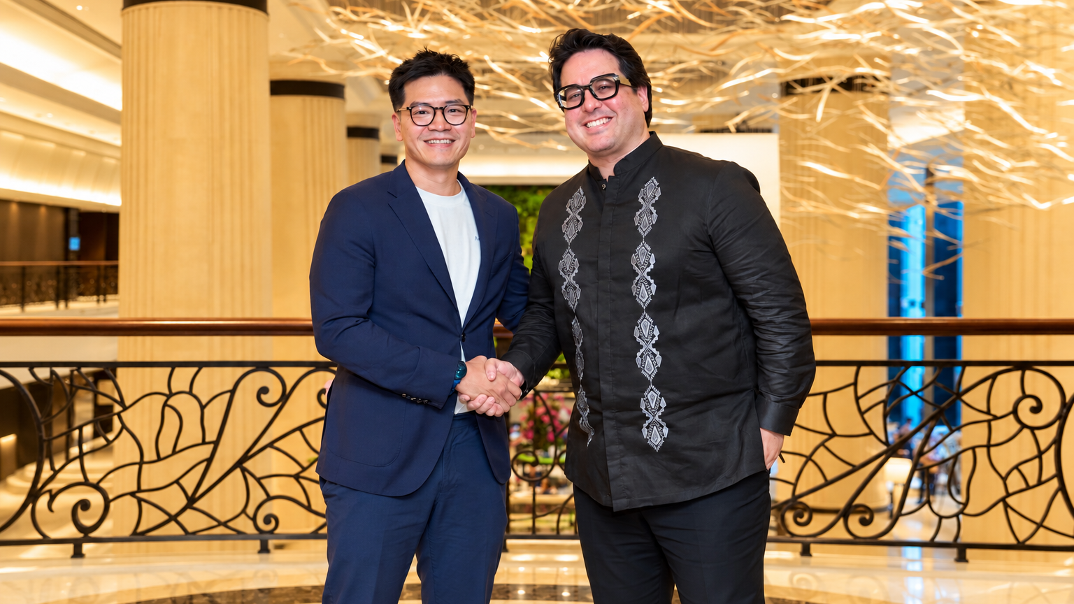 Aolani chief executive Nicholas Chia and YCO Cloud chief executive Nikolas Skalomenos de Ynchausti shake hands
