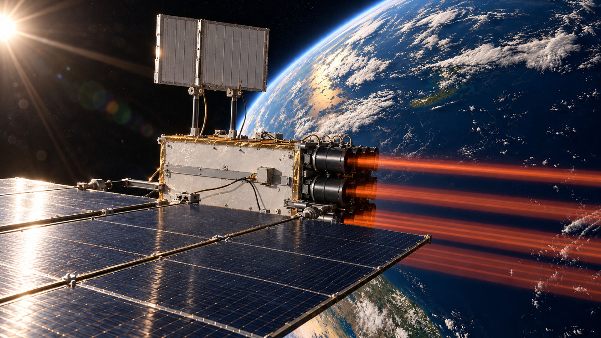 Concept illustration of a satellite transmitting power by laser above Earth