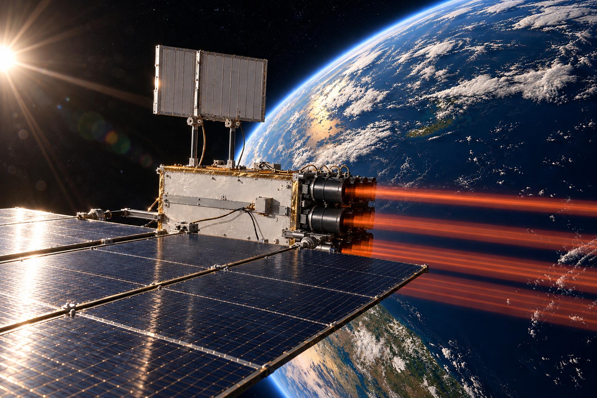Concept illustration of a satellite transmitting power by laser above Earth