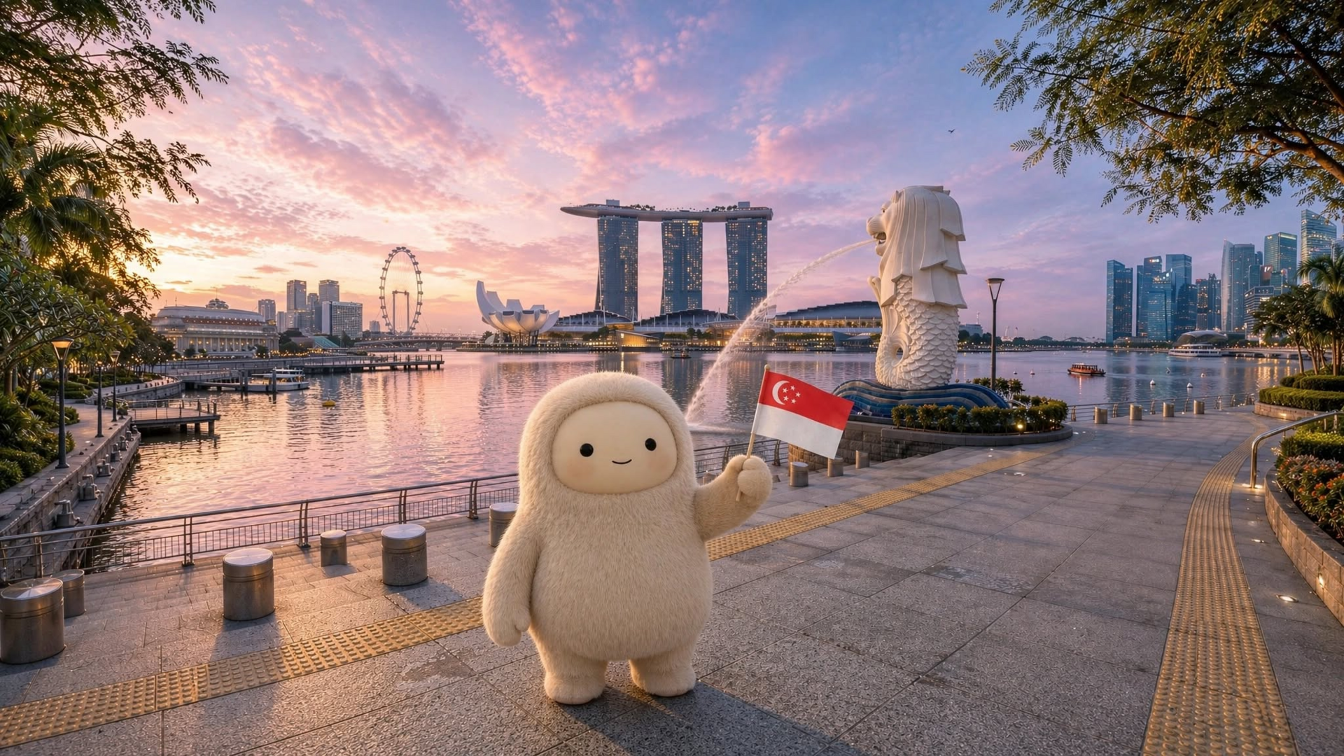 Meta Muse character holding a Singapore flag at Marina Bay