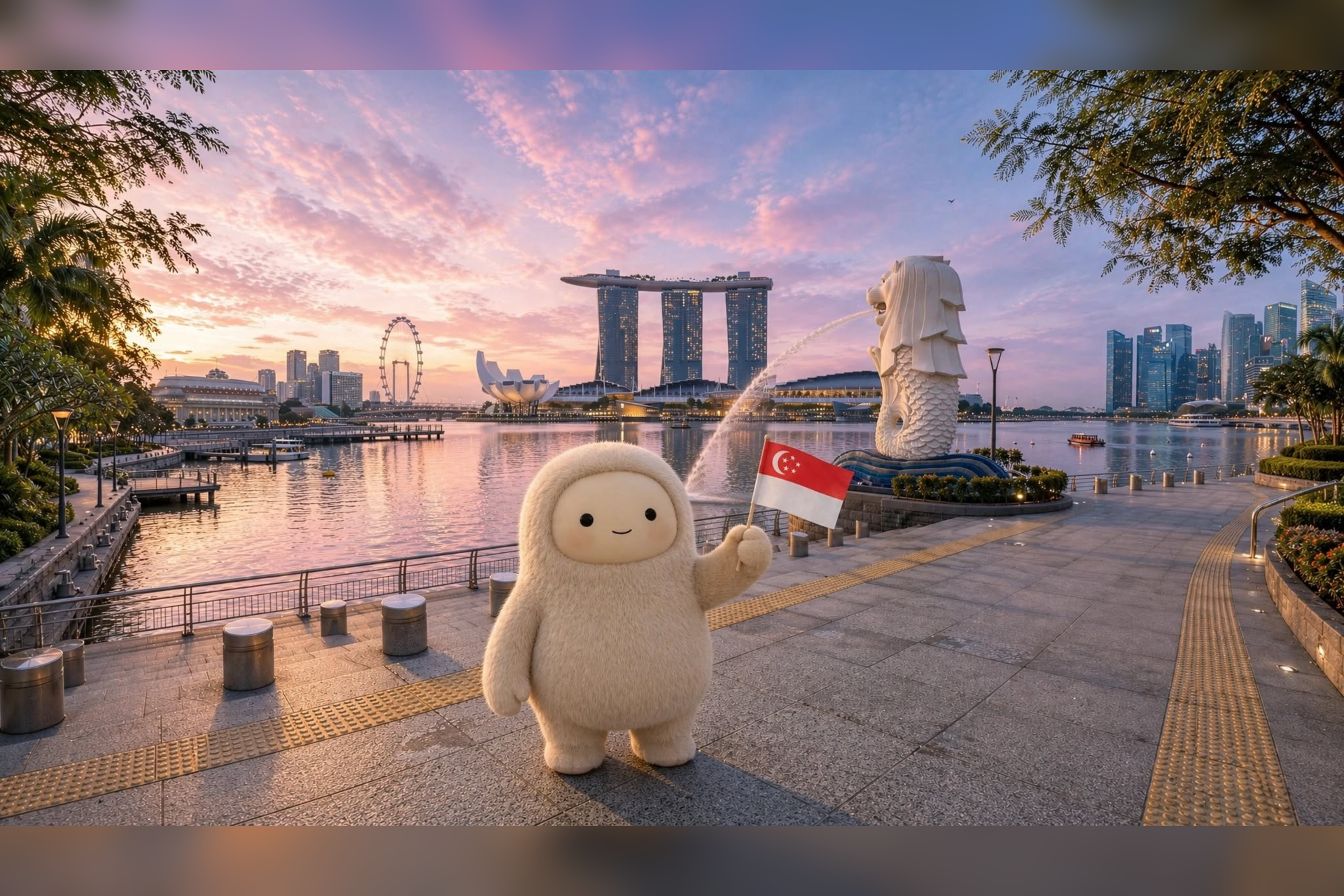 Meta Muse character holding a Singapore flag at Marina Bay
