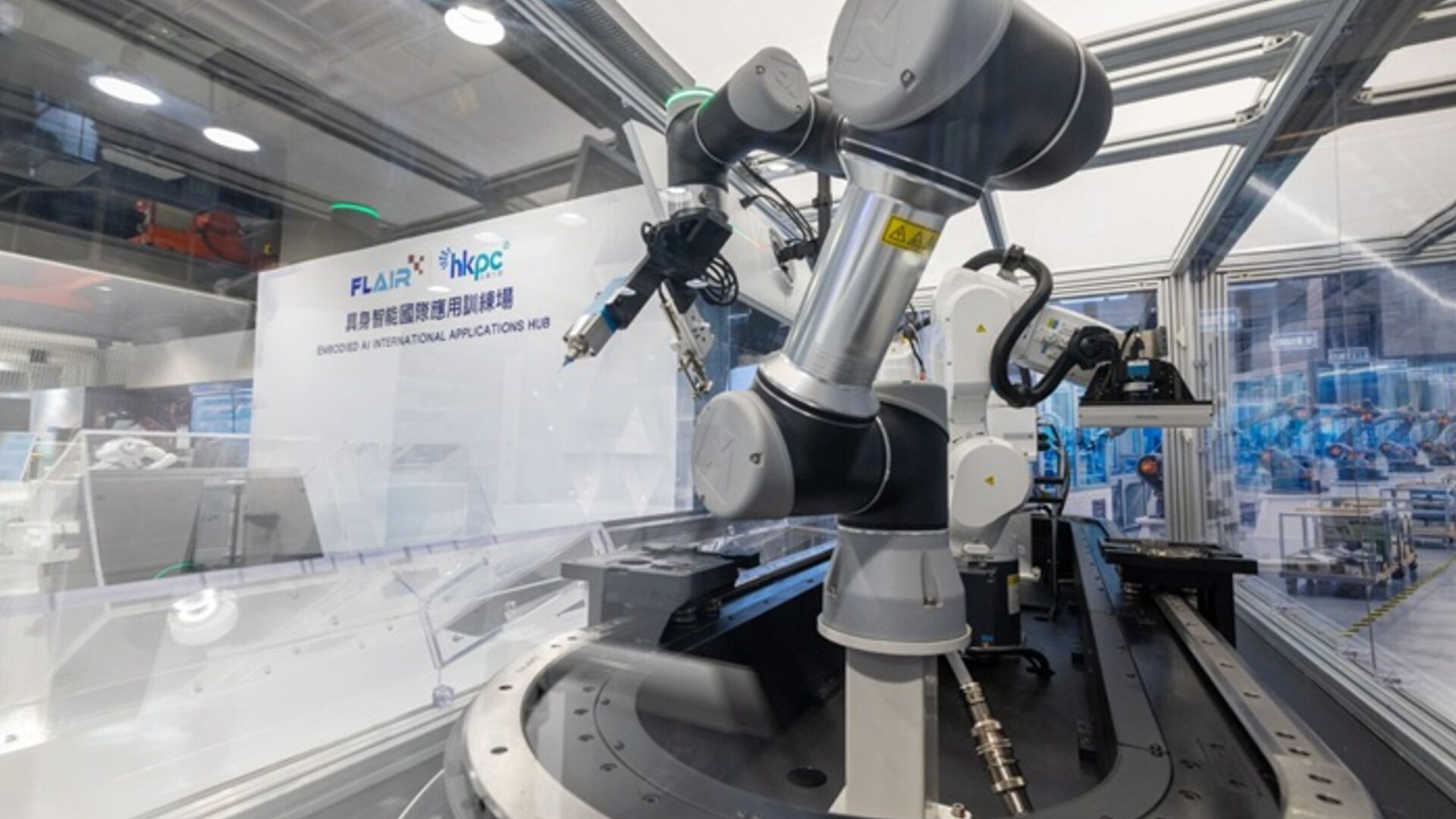Robotic arms on the flexible production line at Hong Kong's Embodied AI International Applications Hub