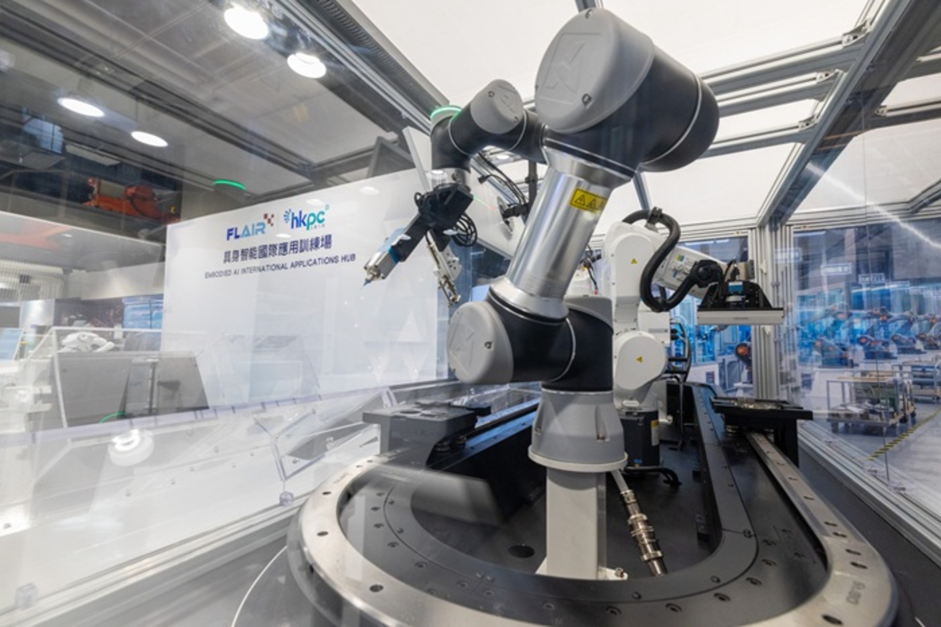Robotic arms on the flexible production line at Hong Kong's Embodied AI International Applications Hub