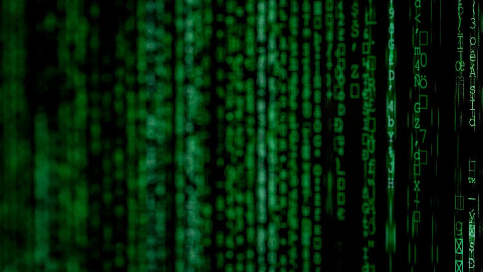 Vertical columns of glowing green digital code against a dark black background